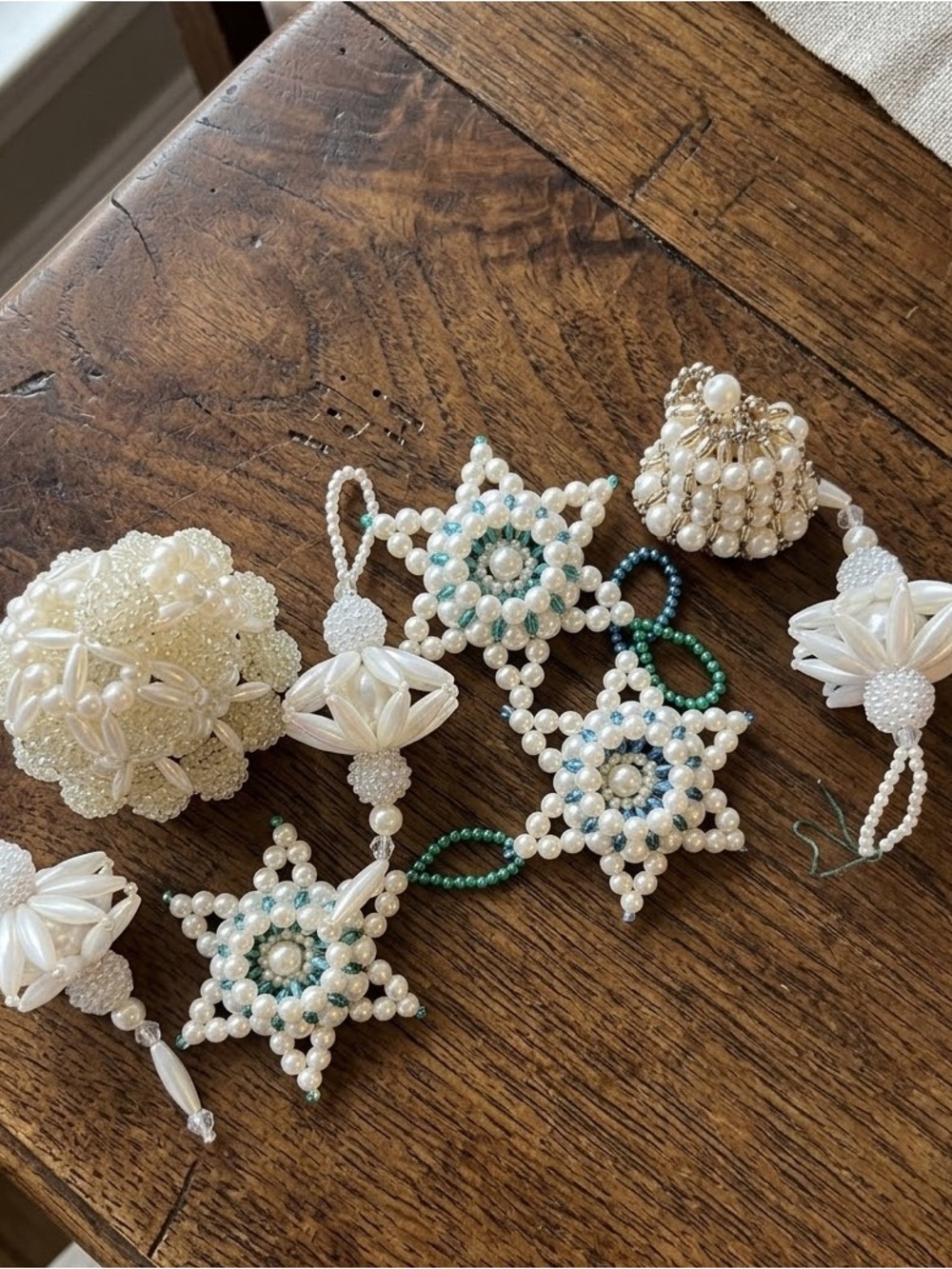 Vintage White and Teal Beaded Star and Orb Ornament Set